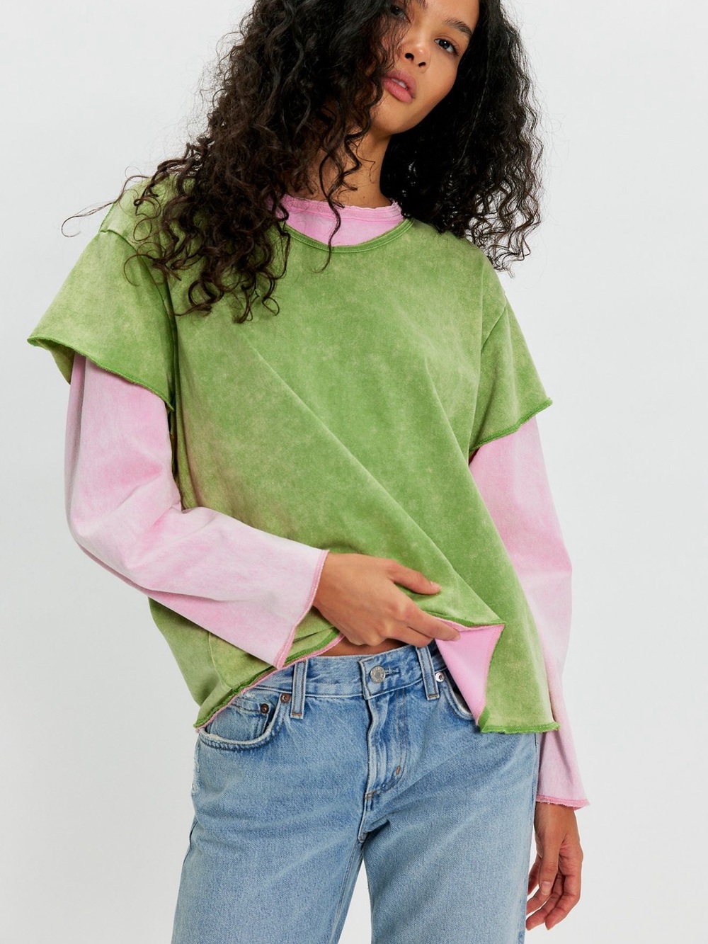 NWT Free People Found Double Layer Long-Sleeve Tee Two-Tone Green Pink Top Sz XL